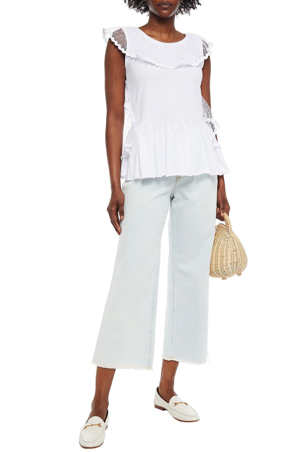 REDVALENTINO Point d'esprit-trimmed ruffled cotton-jersey top