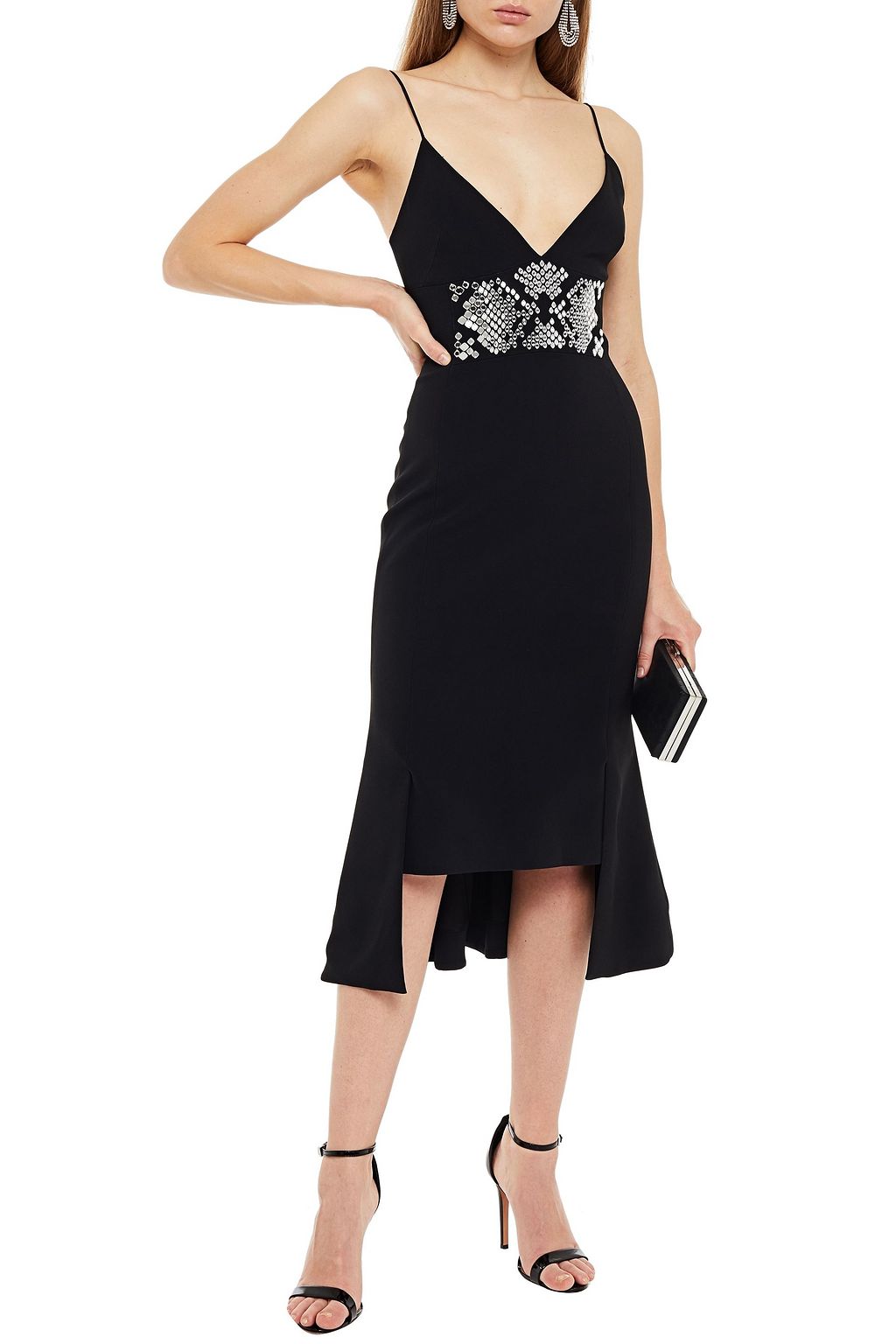 DAVID KOMA Asymmetric fluted embellished crepe midi dress