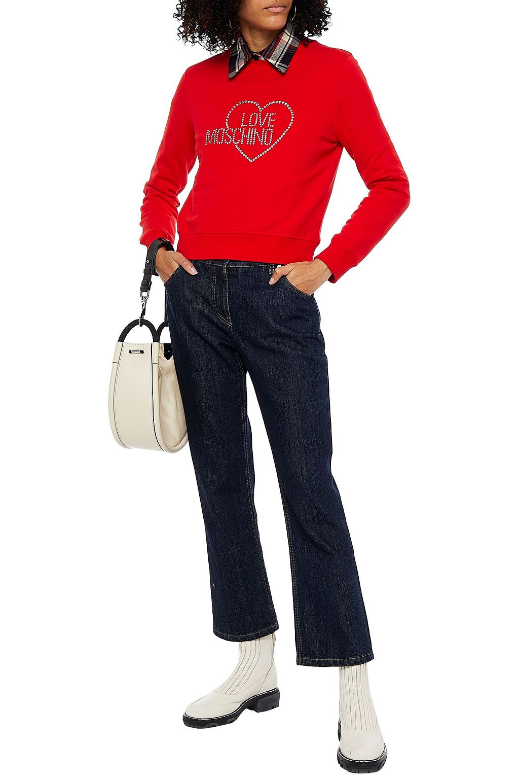 LOVE MOSCHINO Crystal-embellished cotton-blend fleece sweatshirt