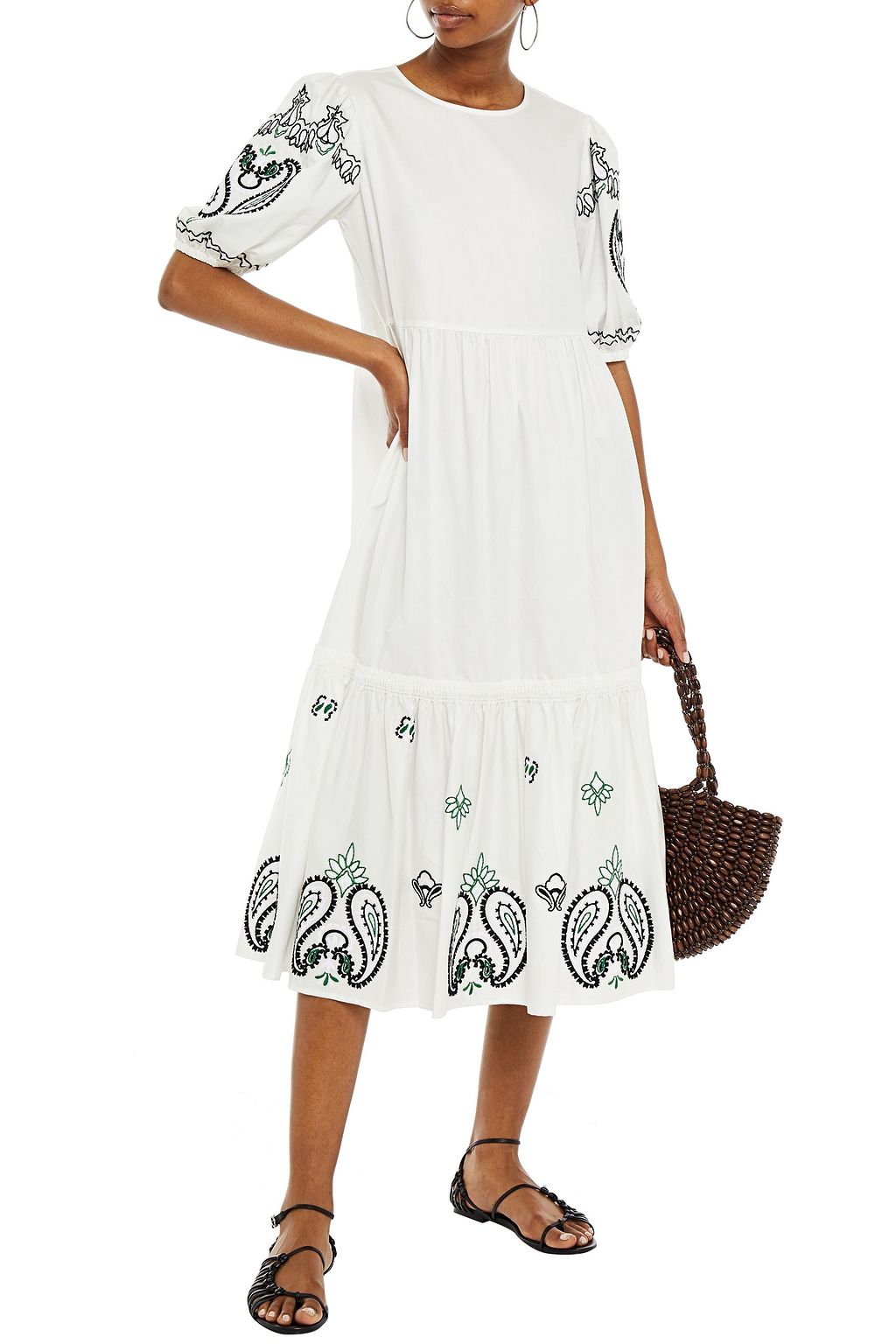 TORY BURCH Embroidered gathered cotton-poplin midi dress