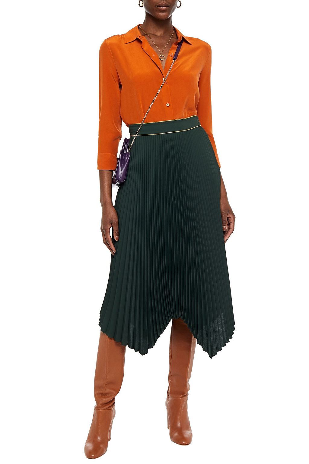 TORY BURCH Asymmetric pleated crepe midi skirt