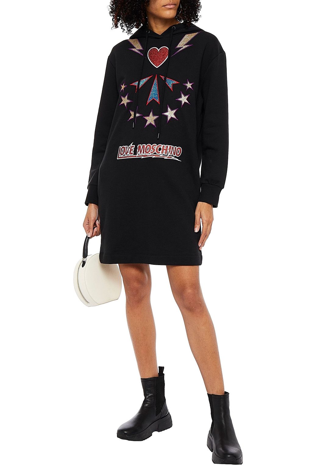 LOVE MOSCHINO Appliquéd French cotton-terry hooded mini dress