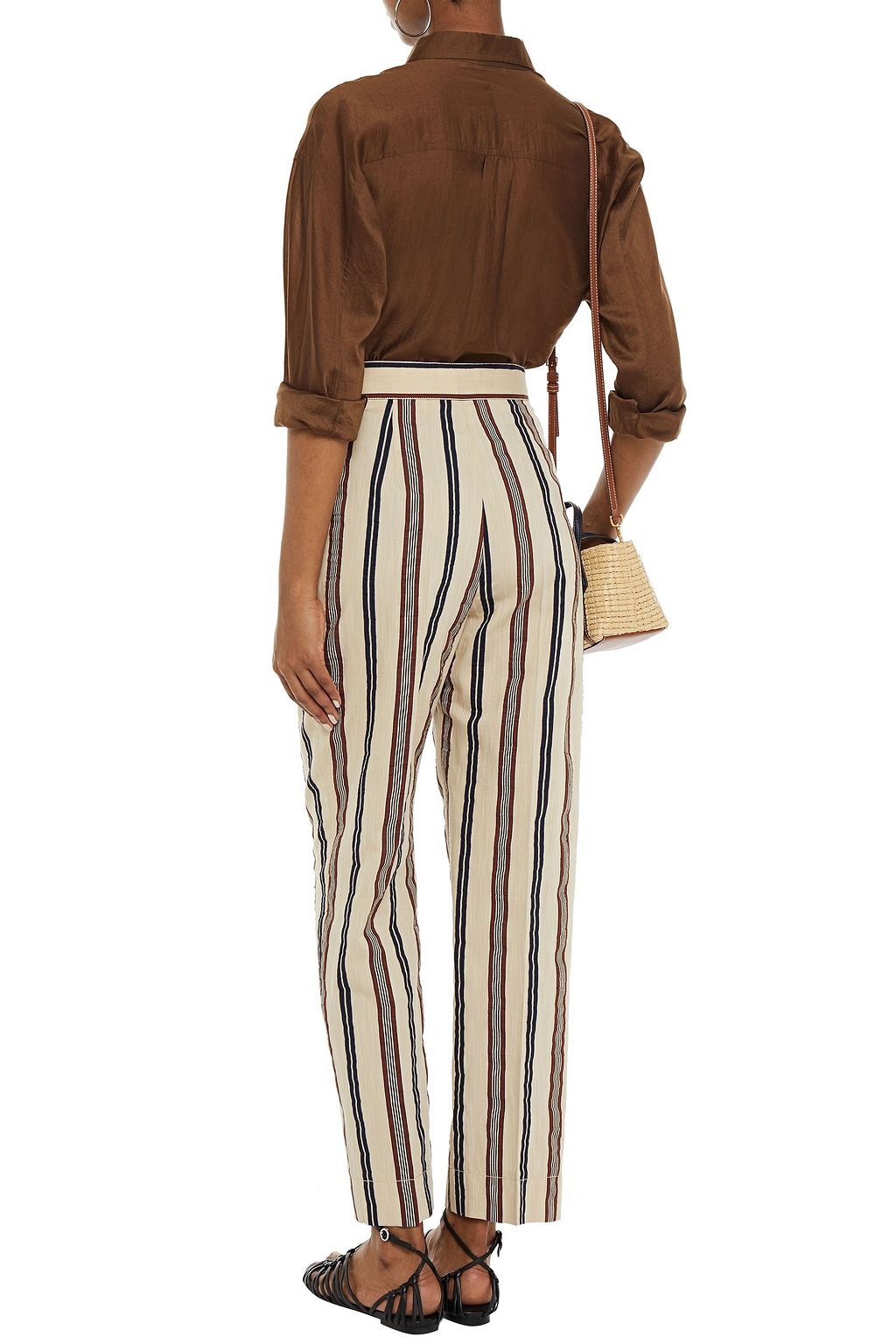 TORY BURCH Pleated striped crepe tapered pants