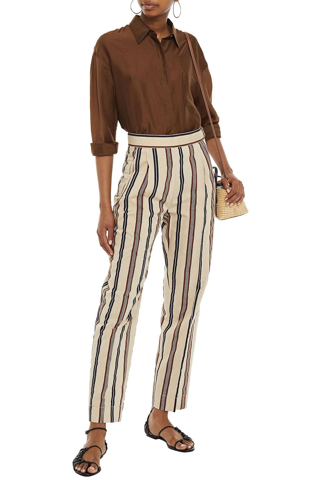 TORY BURCH Pleated striped crepe tapered pants