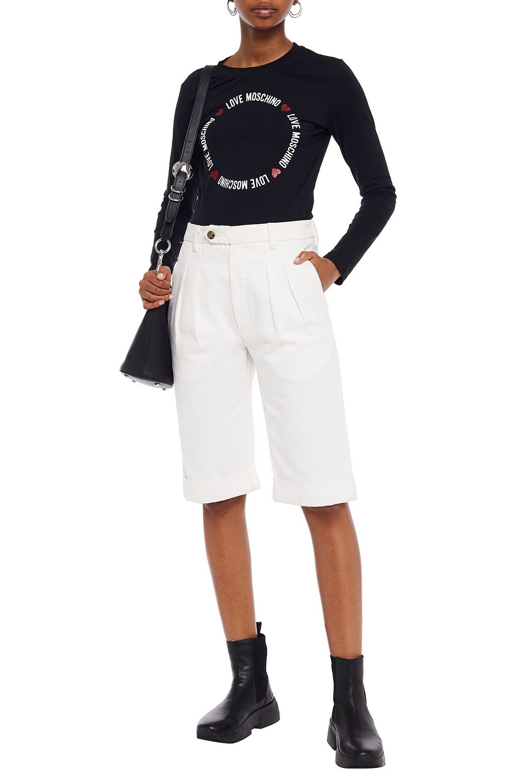 LOVE MOSCHINO Glittered printed stretch-cotton jersey top