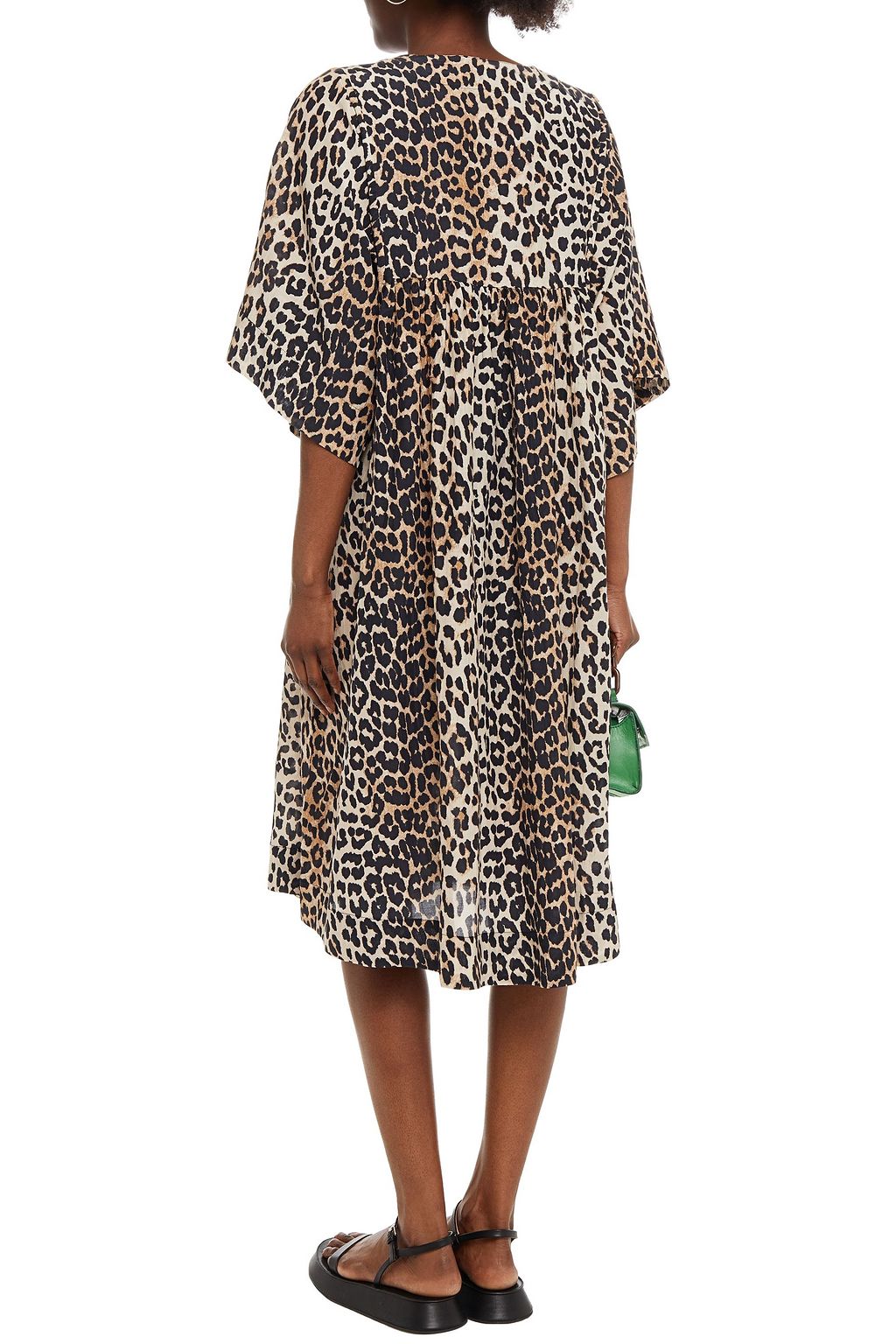 GANNI Gathered leopard-print woven midi dress
