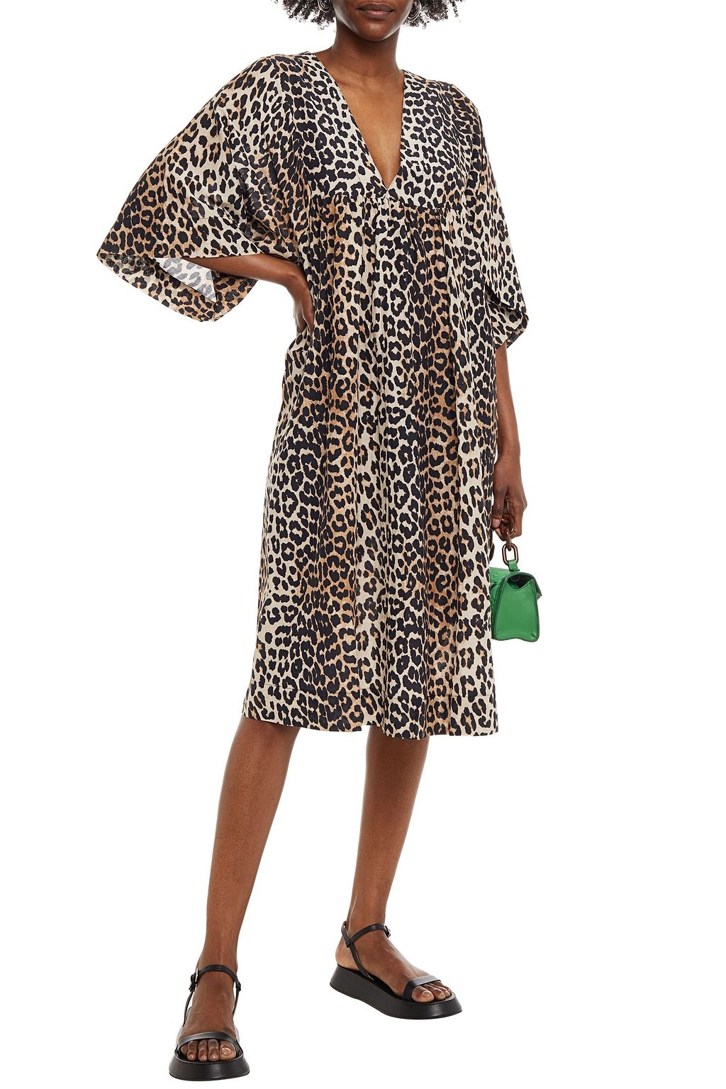 GANNI Gathered leopard-print woven midi dress