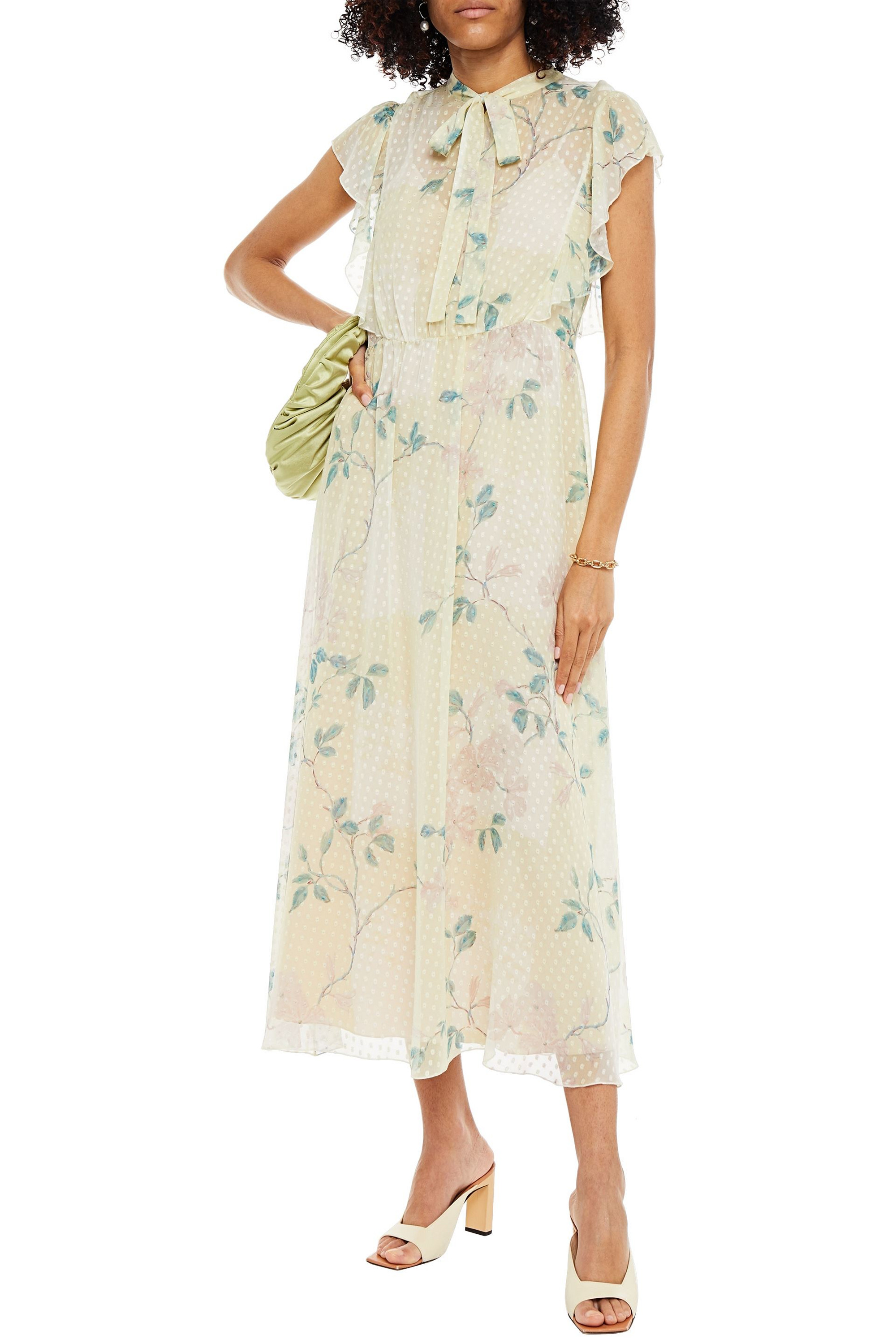 REDValentino Pussy-bow floral-print Swiss-dot silk-chiffon midi dress