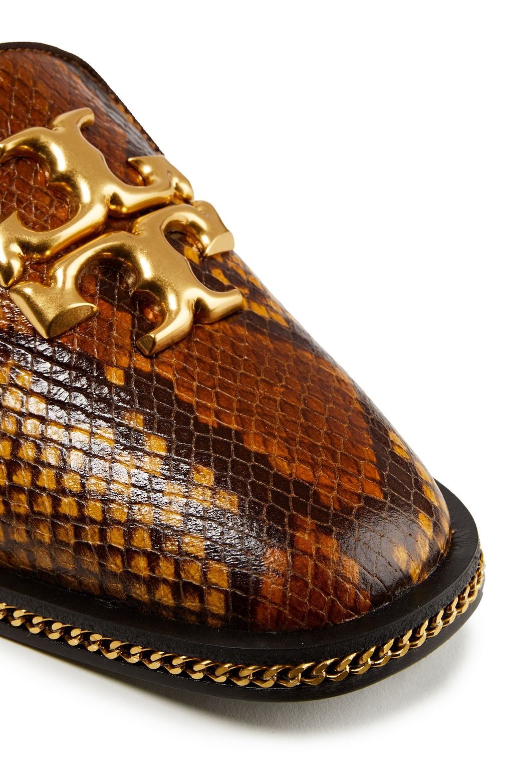 TORY BURCH Freya chain-trimmed snake-effect leather loafers