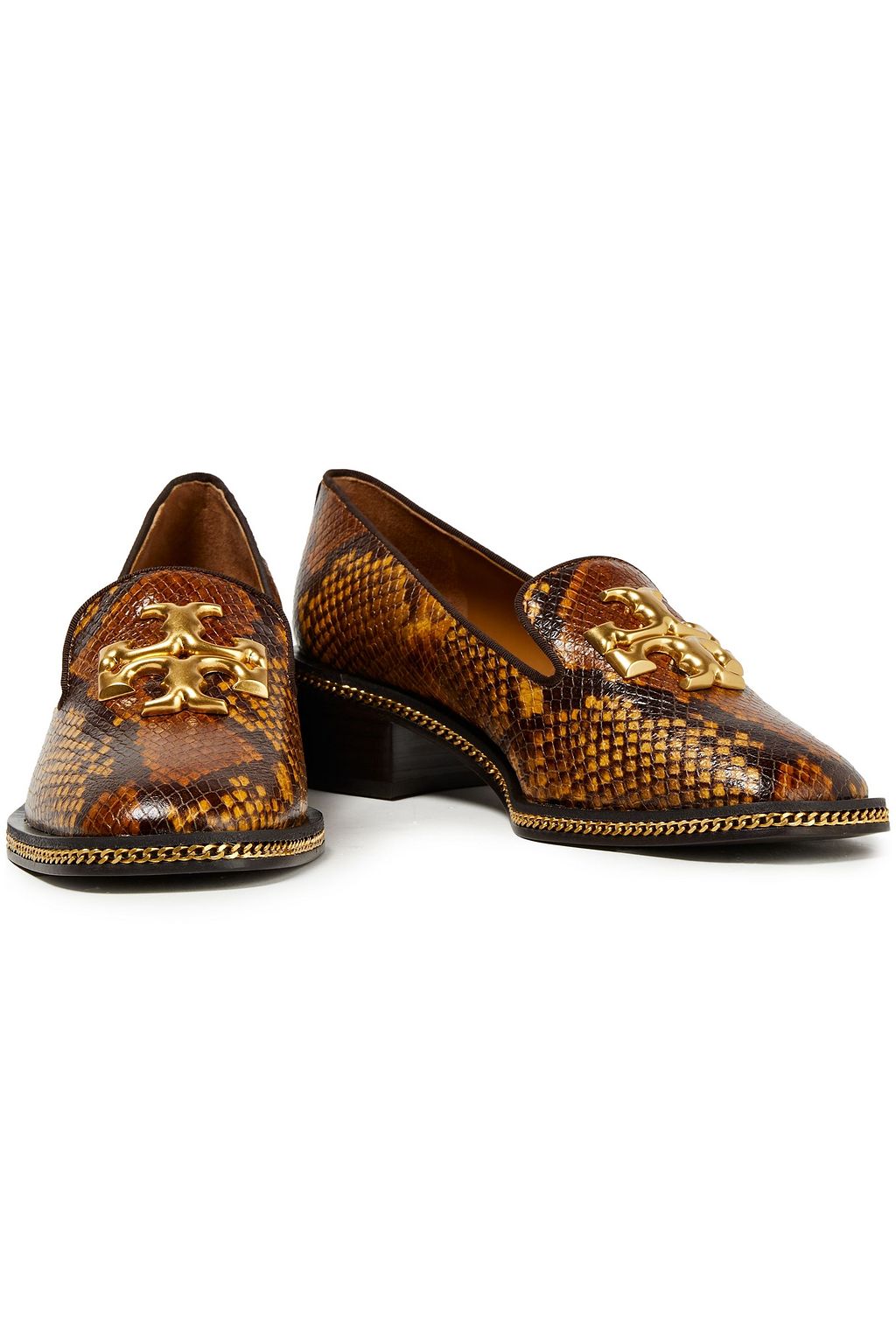 TORY BURCH Freya chain-trimmed snake-effect leather loafers