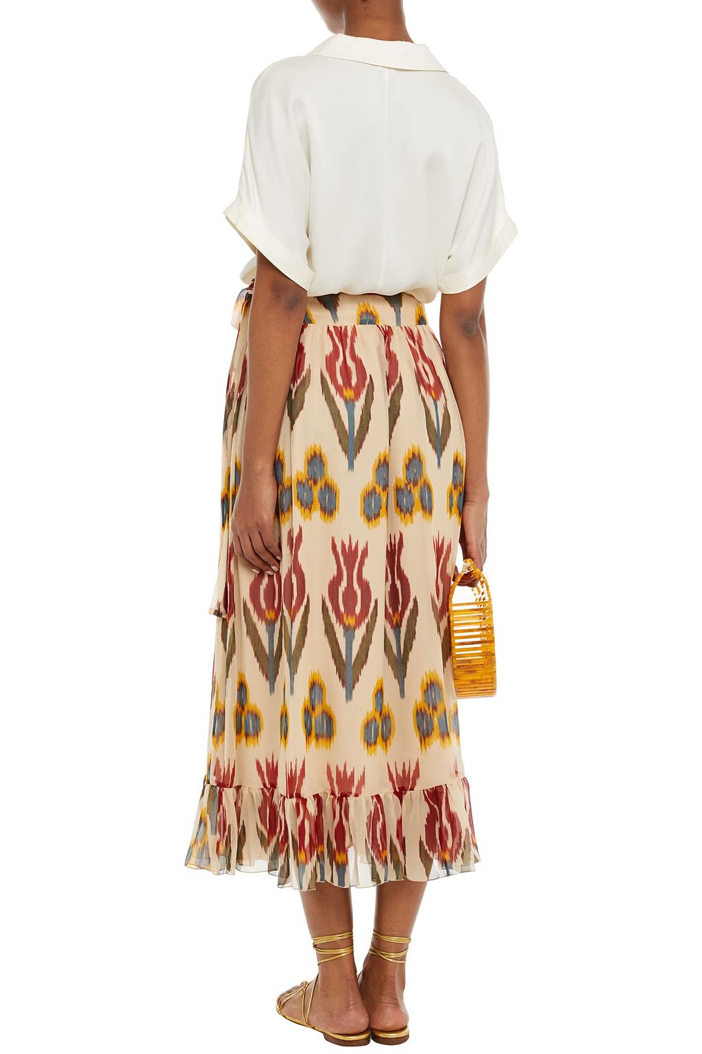 REDVALENTINO Gathered printed silk-crepon midi wrap skirt