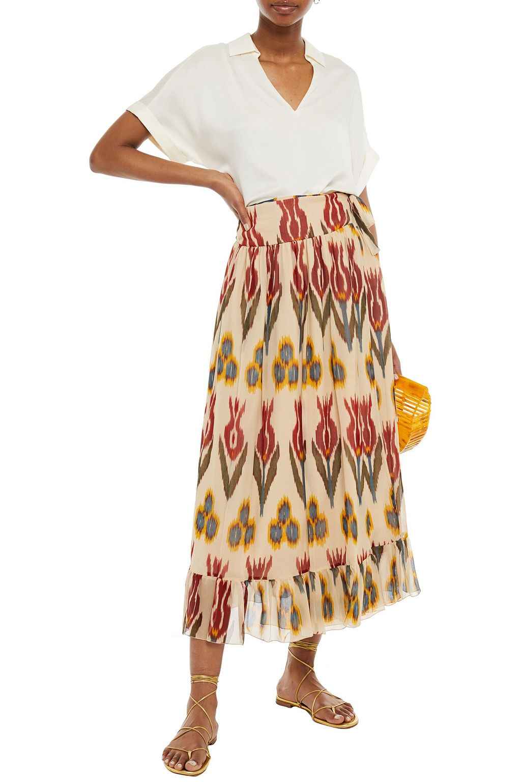 REDVALENTINO Gathered printed silk-crepon midi wrap skirt