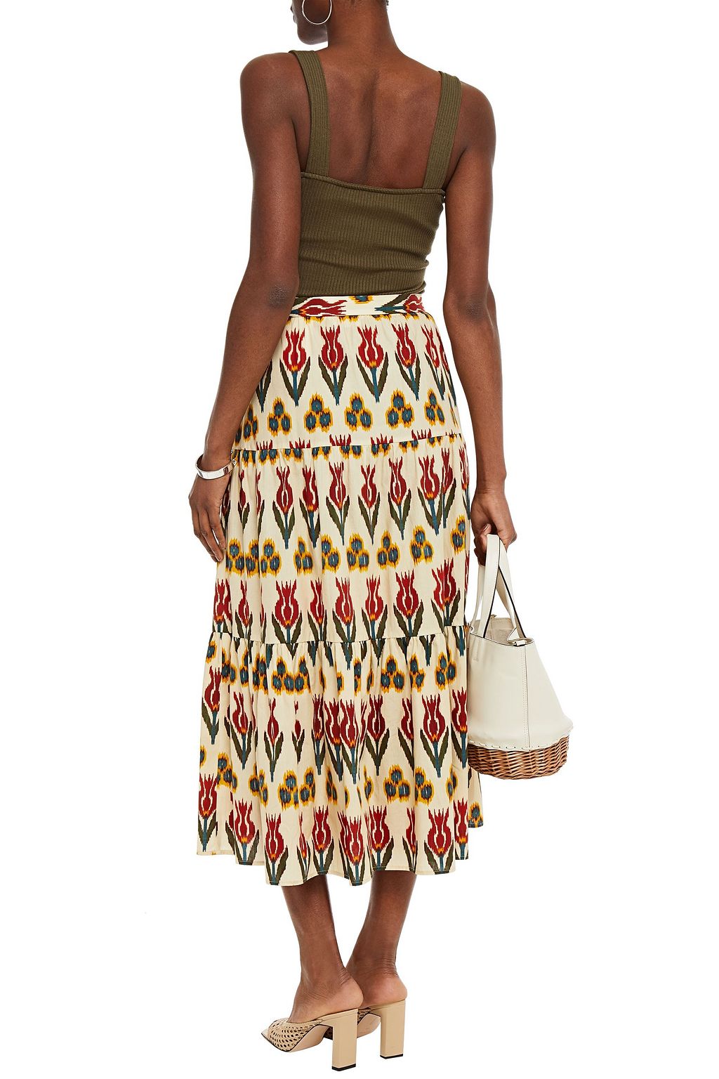 REDVALENTINO Gathered printed cotton midi skirt