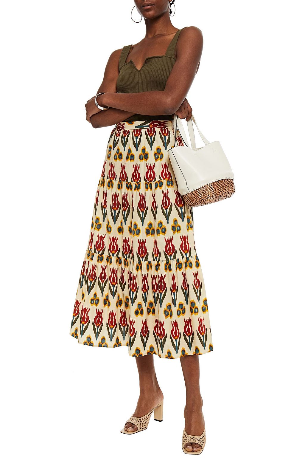 REDVALENTINO Gathered printed cotton midi skirt