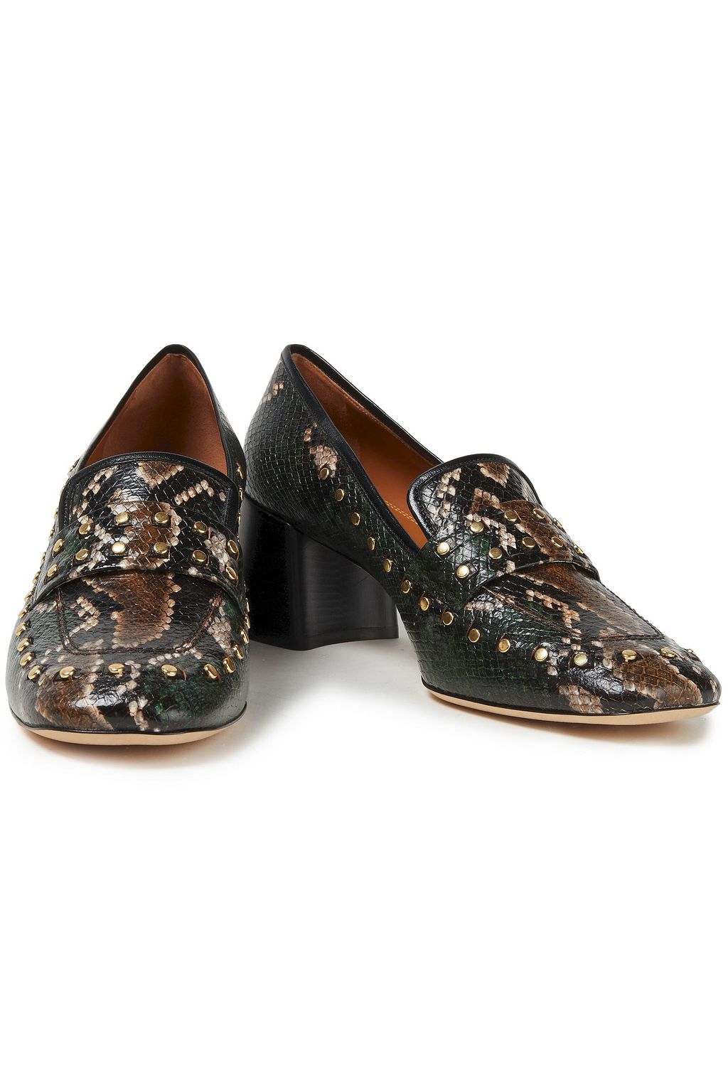 TORY BURCH Ruby studded snake-effect leather loafers