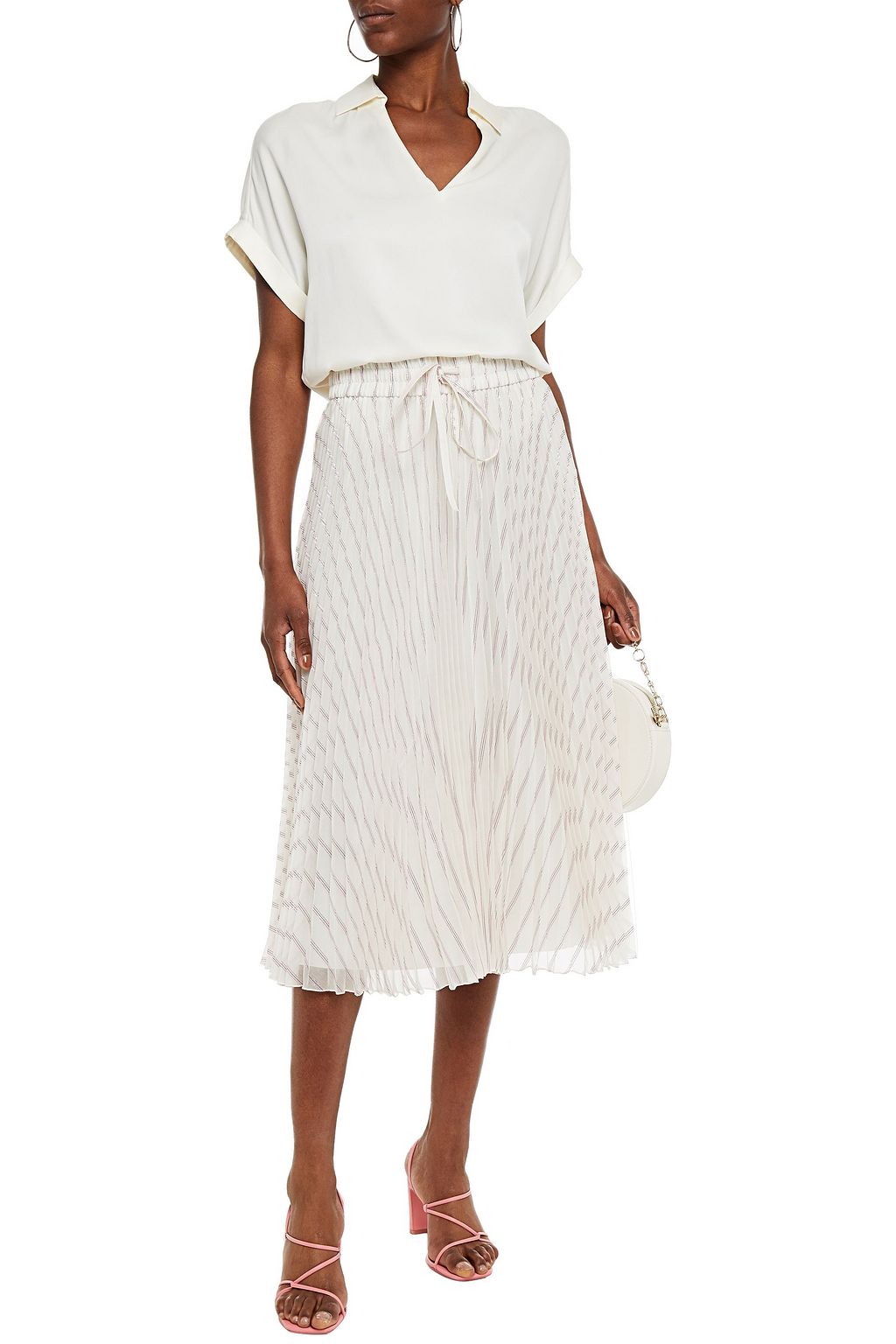 REDVALENTINO Pleated metallic striped organza midi skirt