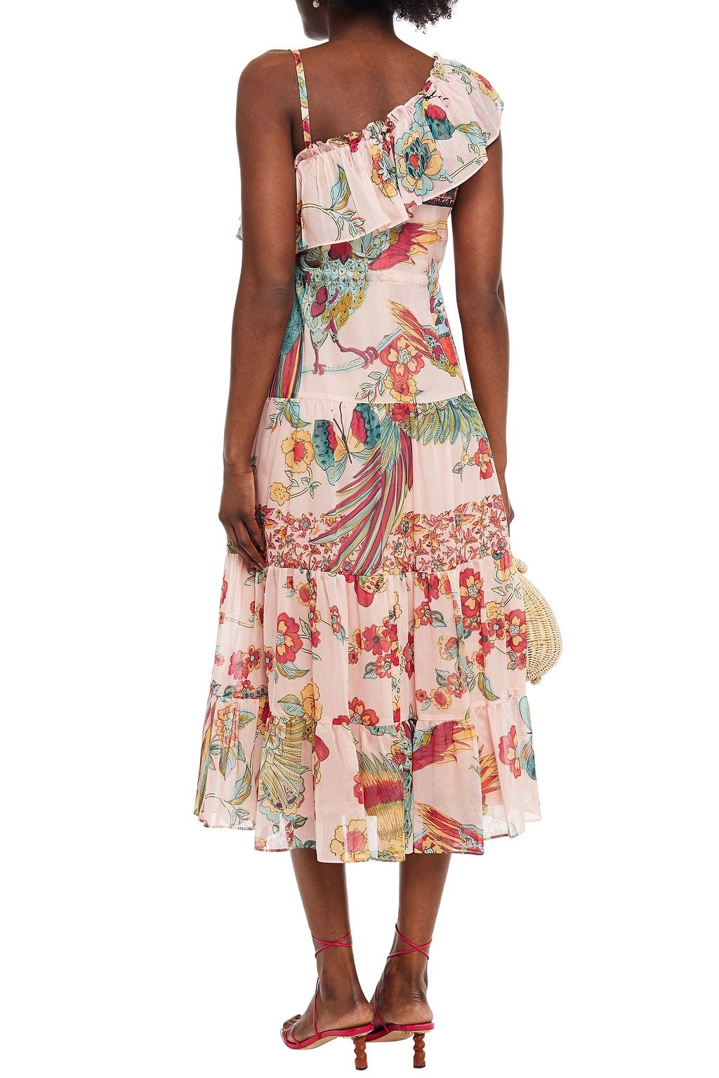 REDVALENTINO One-shoulder printed cotton and silk-blend voile midi dress