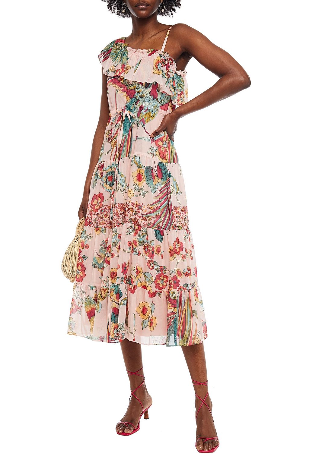 REDVALENTINO One-shoulder printed cotton and silk-blend voile midi dress