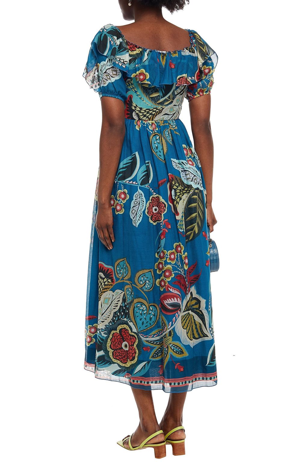 REDVALENTINO Ruffled printed cotton and silk-blend jacquard midi dress