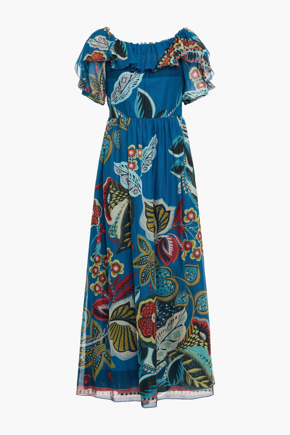 redvalentino - ruffled printed cotton and silk-blend jacquard midi dress - blue - it 36