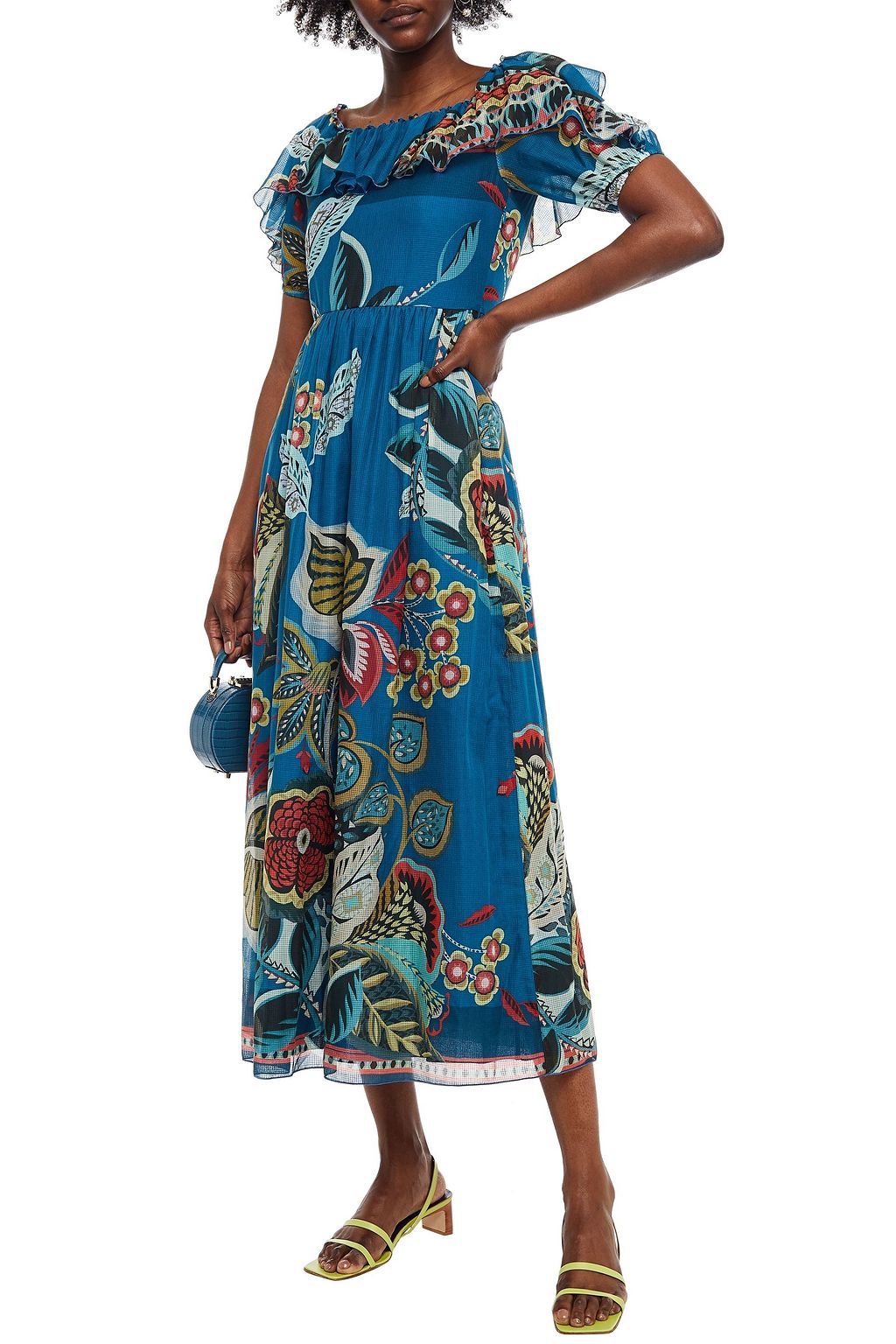REDVALENTINO Ruffled printed cotton and silk-blend jacquard midi dress