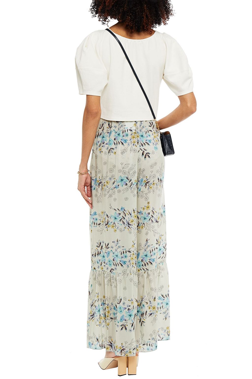 REDVALENTINO Flared gathered floral-print silk-crepe wide-leg pants