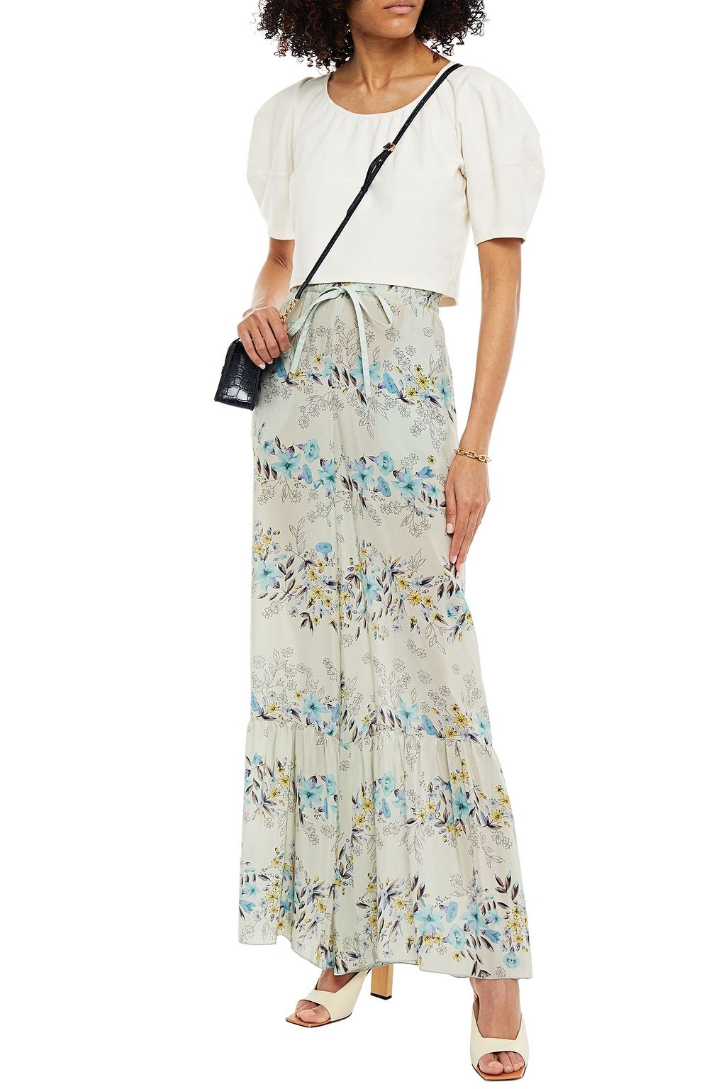 REDVALENTINO Flared gathered floral-print silk-crepe wide-leg pants