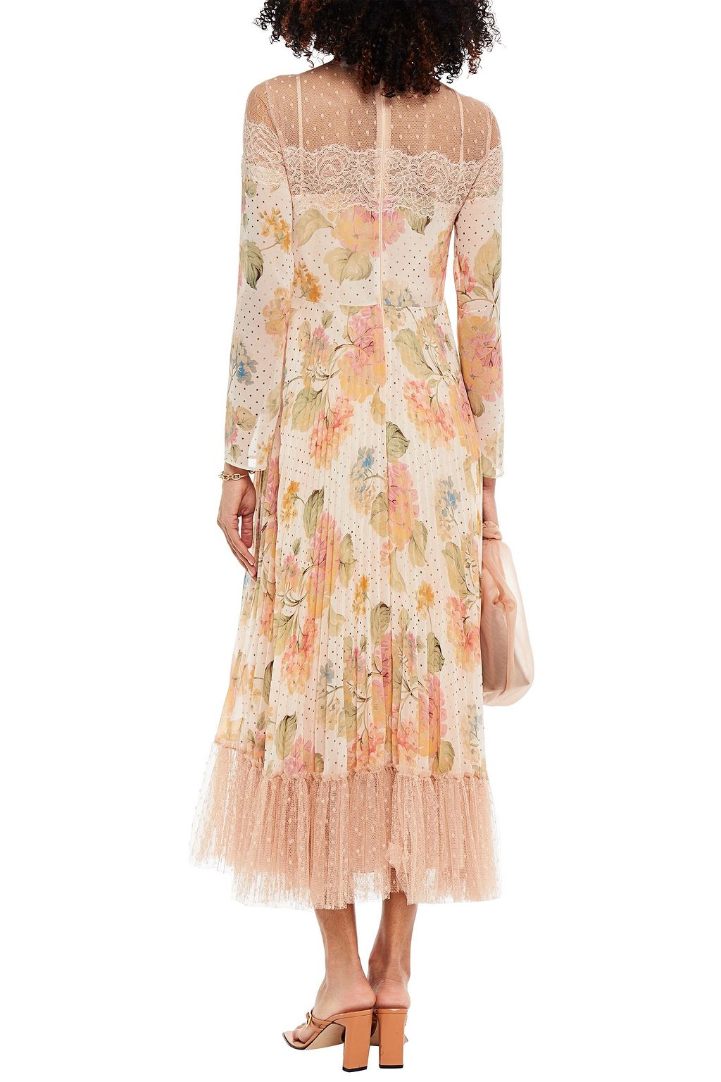 REDVALENTINO Pleated floral-print georgette, lace and point d'esprit midi dress