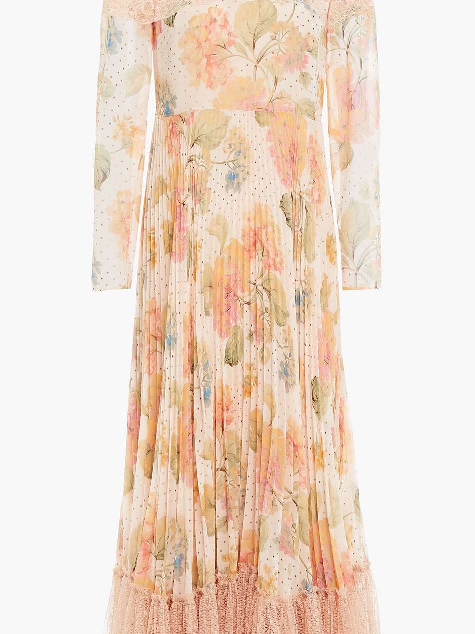 pleated floral-print georgette, lace and point d'esprit midi dress
