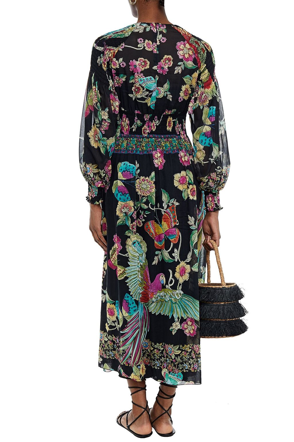 REDVALENTINO Shirred printed cotton and silk-blend voile midi dress