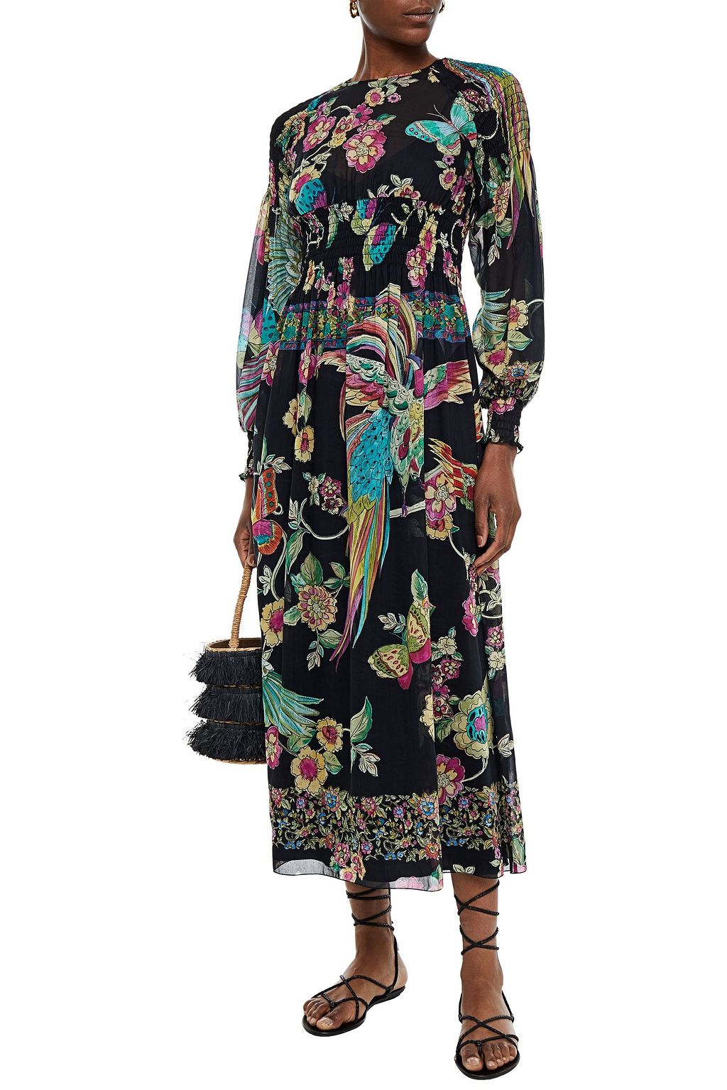 REDVALENTINO Shirred printed cotton and silk-blend voile midi dress