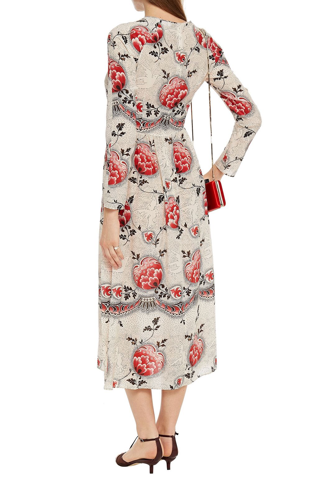 REDVALENTINO ギャザー入り プリントシルククレープデシン ミディワンピース