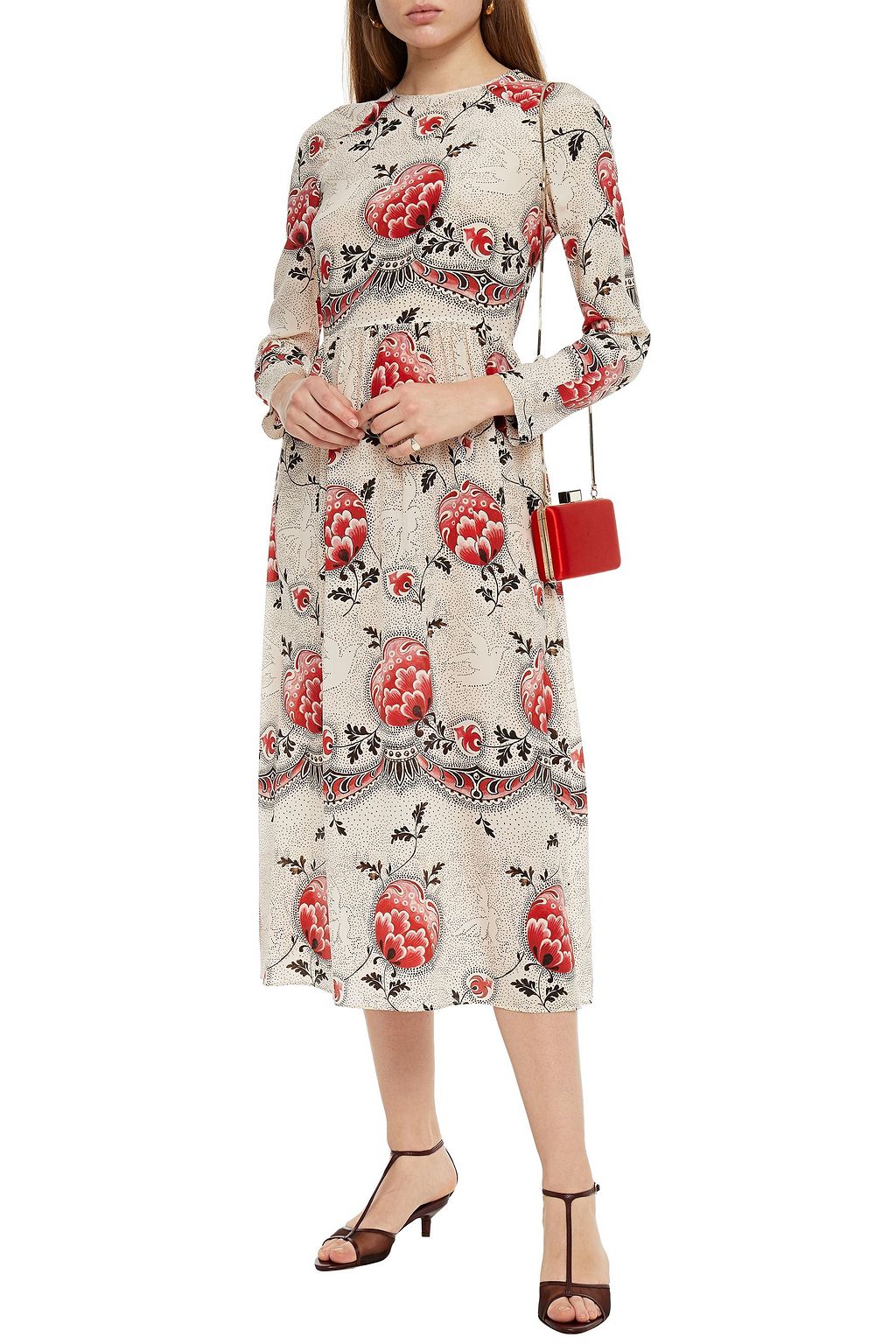REDVALENTINO ギャザー入り プリントシルククレープデシン ミディワンピース