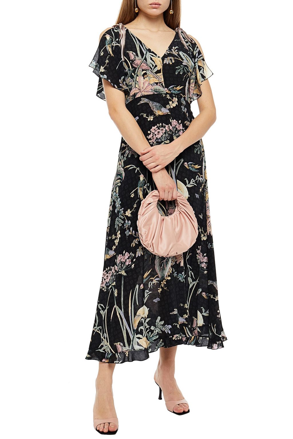 REDVALENTINO Cold-shoulder printed silk-chiffon midi dress