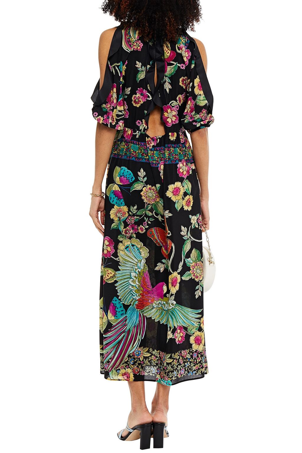 REDVALENTINO Cold-shoulder printed silk crepe de chine midi dress