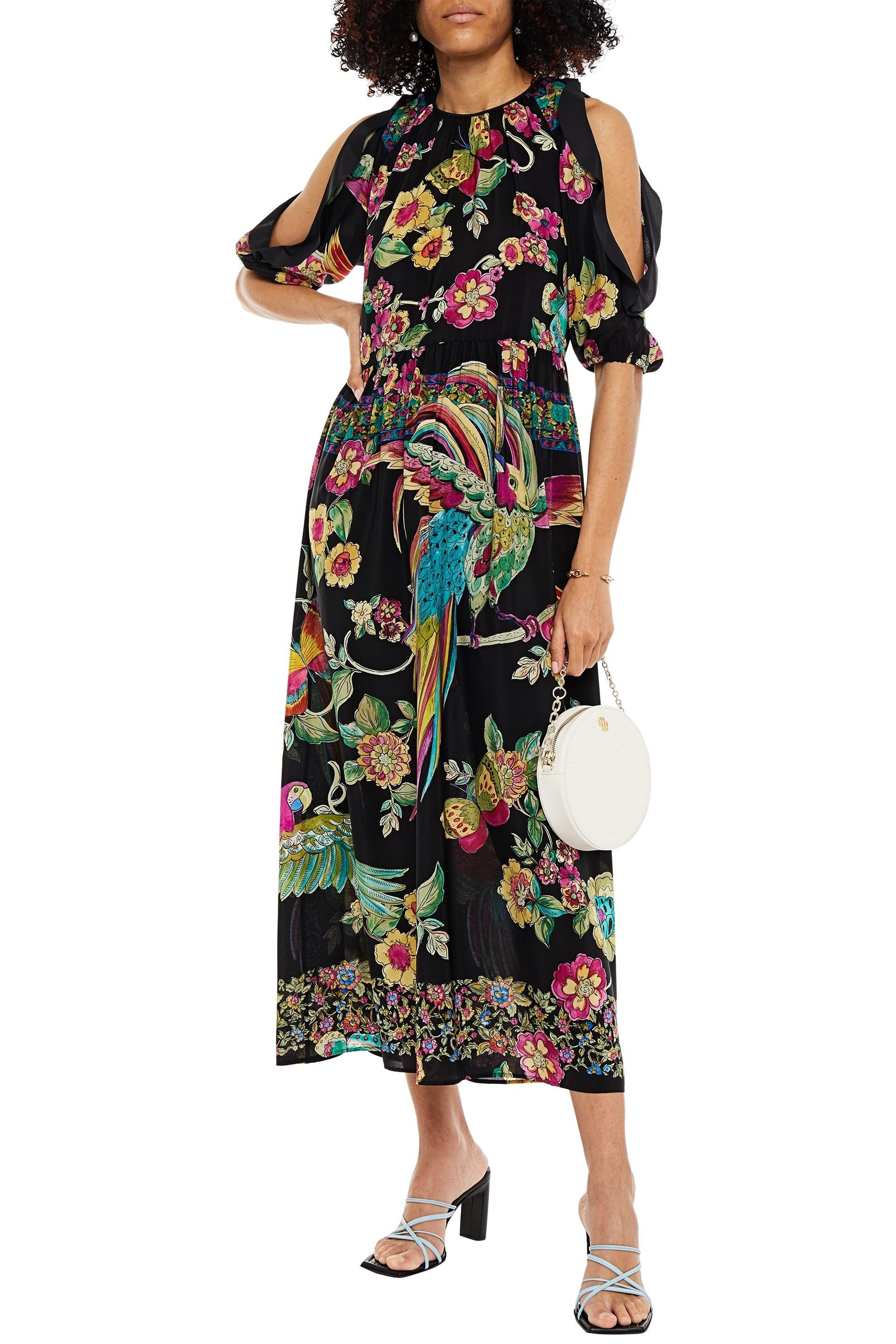 REDValentino Cold-shoulder printed silk crepe de chine midi dress