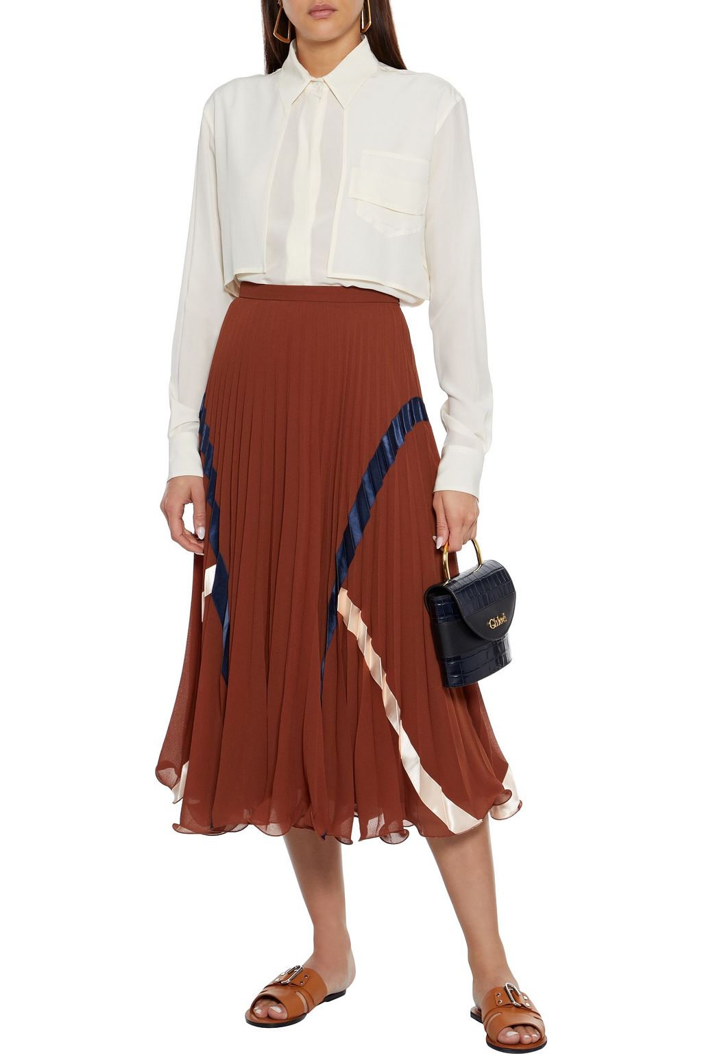 SEE BY CHLOÉ Satin-trimmed pleated crepe de chine midi skirt