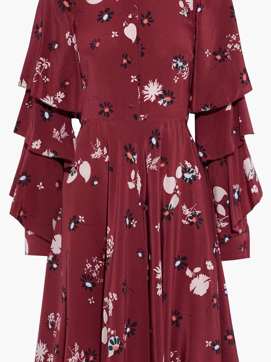 tiered appliquéd floral-print silk crepe de chine dress