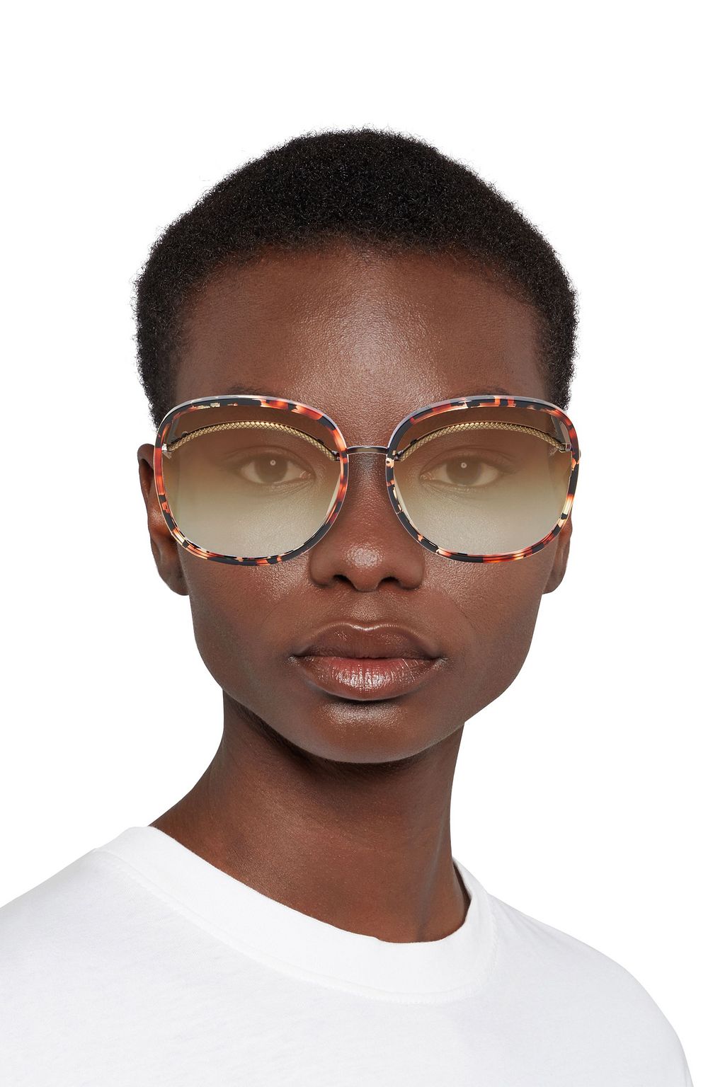 BOTTEGA VENETA Oversized butterfly-frame tortoiseshell acetate and bronze-tone sunglasses