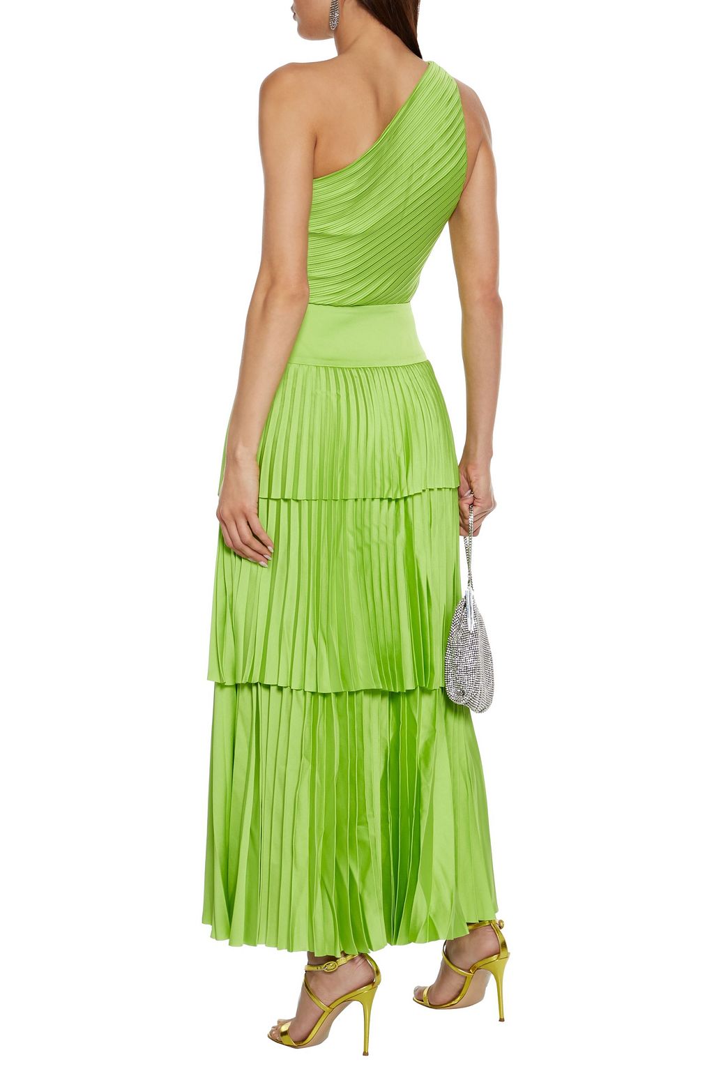 SOLACE LONDON Larissa one-shoulder tiered plissé-satin maxi dress