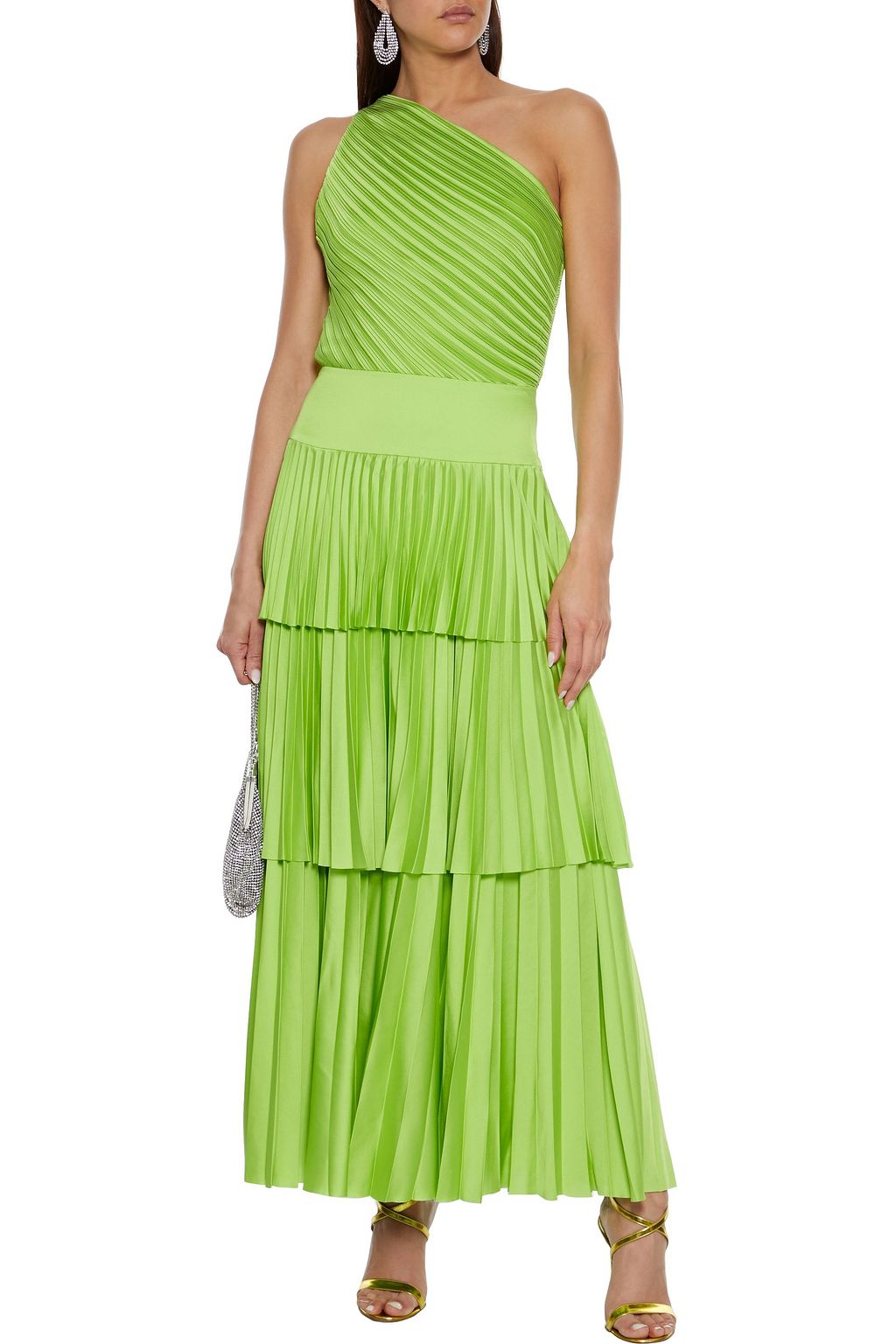 SOLACE LONDON Larissa one-shoulder tiered plissé-satin maxi dress