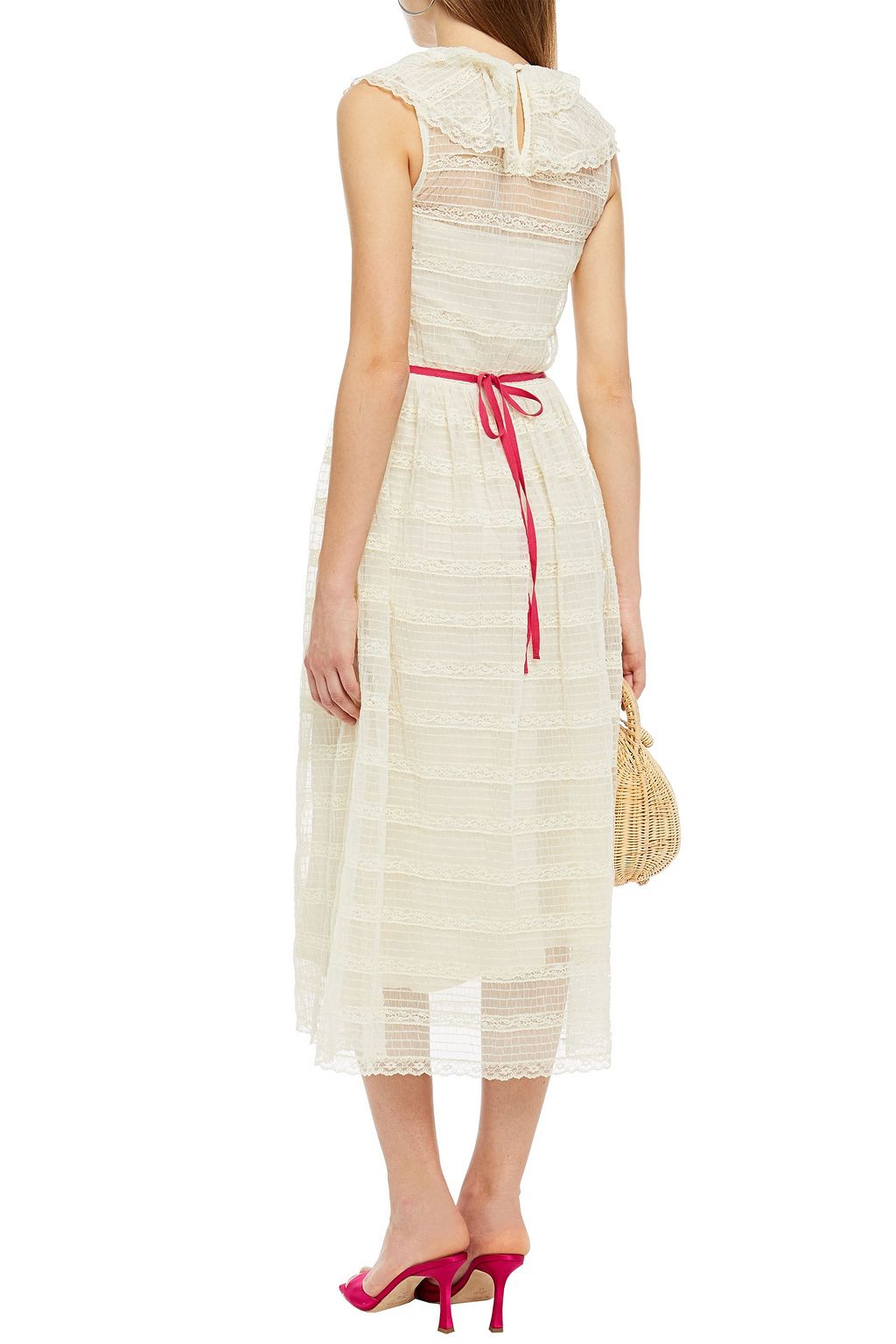 REDVALENTINO Ruffle-trimmed paneled lace and tulle midi dress