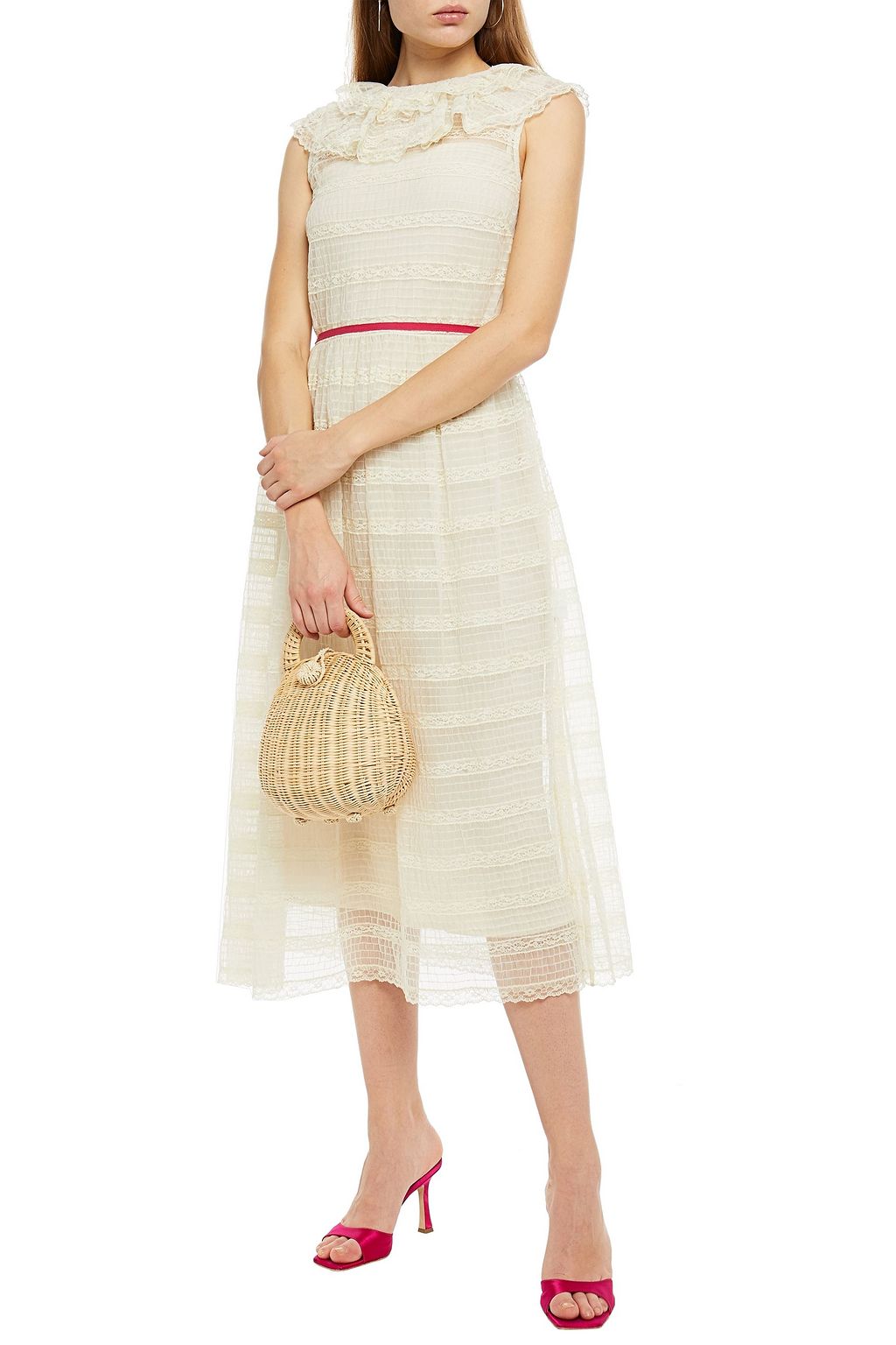 REDVALENTINO Ruffle-trimmed paneled lace and tulle midi dress