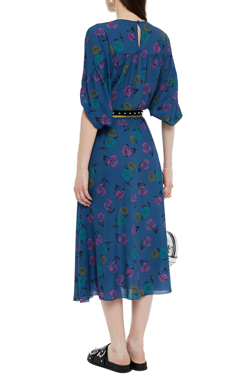 REDVALENTINO Studded grosgrain-trimmed floral-print crepe midi dress