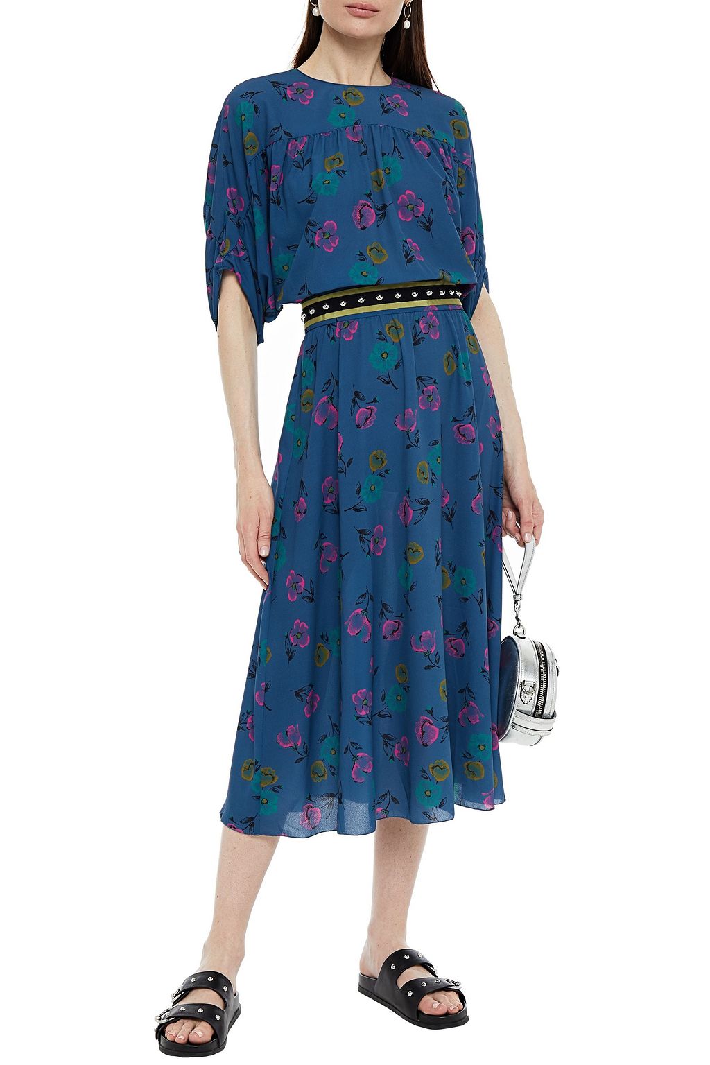 REDVALENTINO Studded grosgrain-trimmed floral-print crepe midi dress