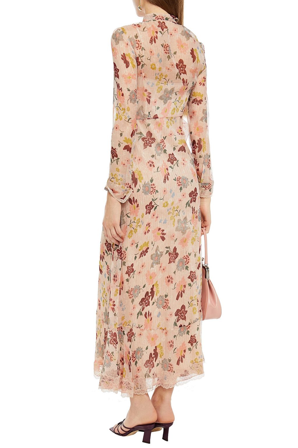 REDVALENTINO Point d'esprit-trimmed floral-print silk-blend chiffon midi dress