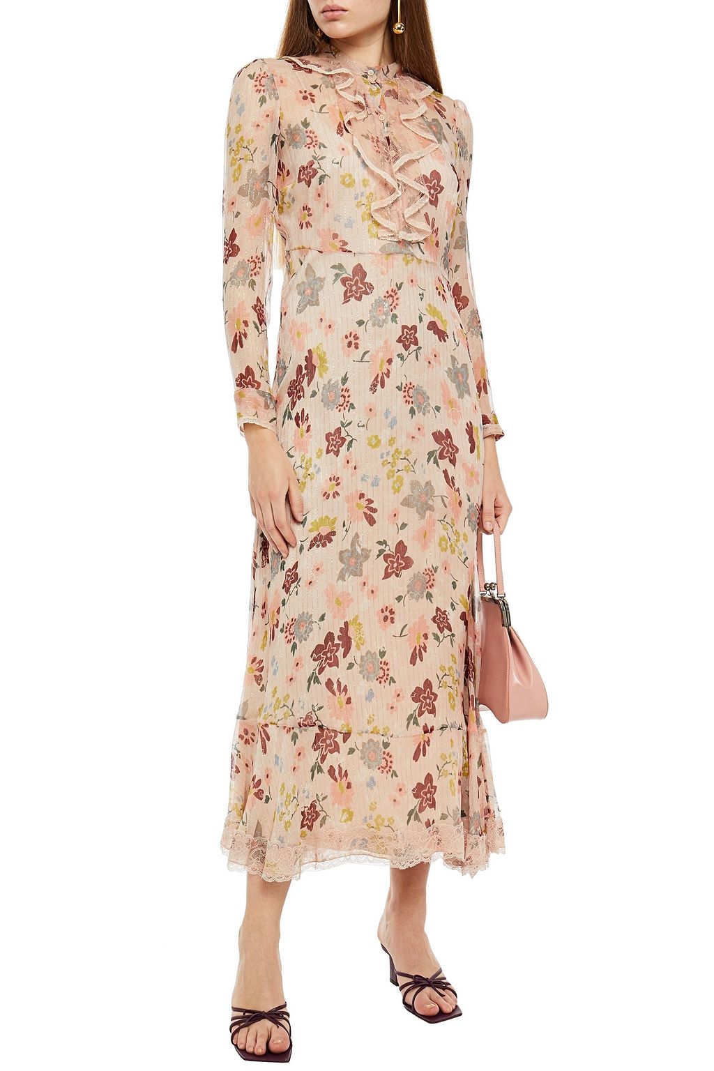 REDVALENTINO Point d'esprit-trimmed floral-print silk-blend chiffon midi dress
