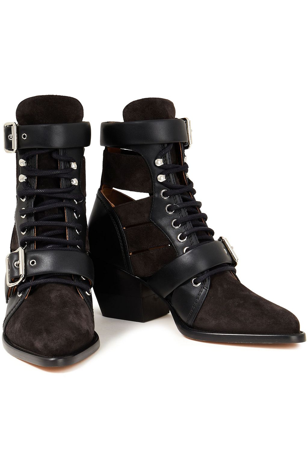 CHLOÉ Rylee lace-up cutout leather and suede ankle boots