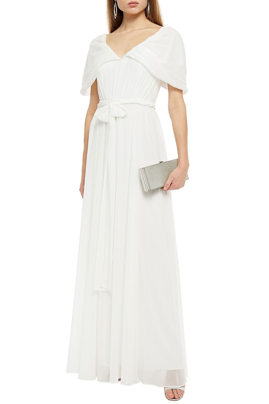 BADGLEY MISCHKA Belted draped chiffon gown