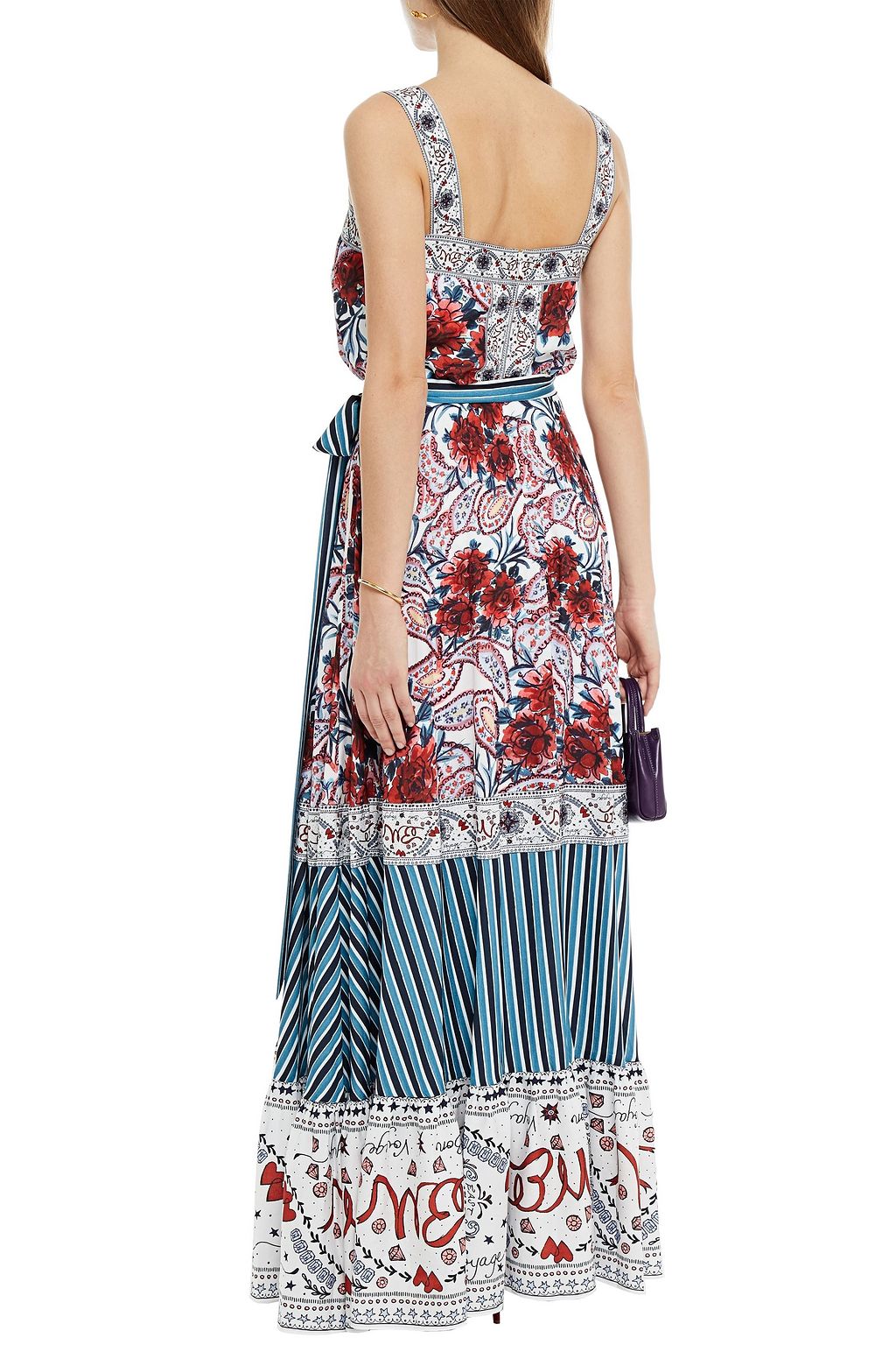 BADGLEY MISCHKA Belted printed crepe de chine gown